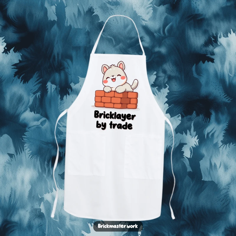 Funny cute animal character laying a brick with a smile on a practical, humorous apron.