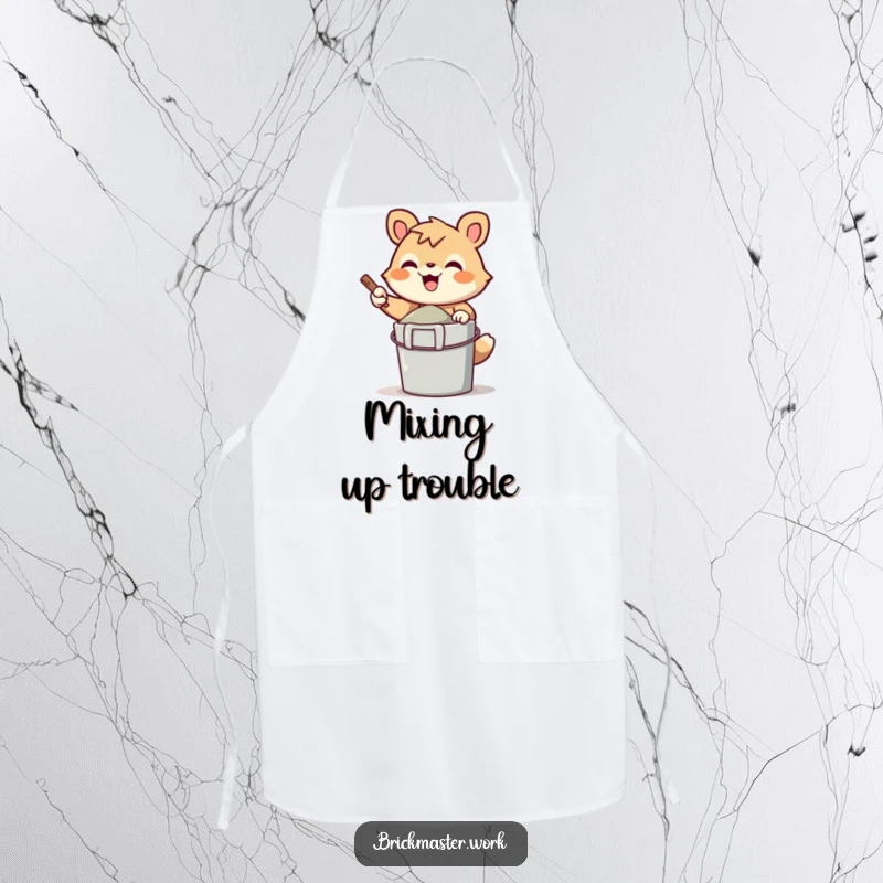 Funny cheerful animal character gleefully mixing cement in a bucket on a practical apron.