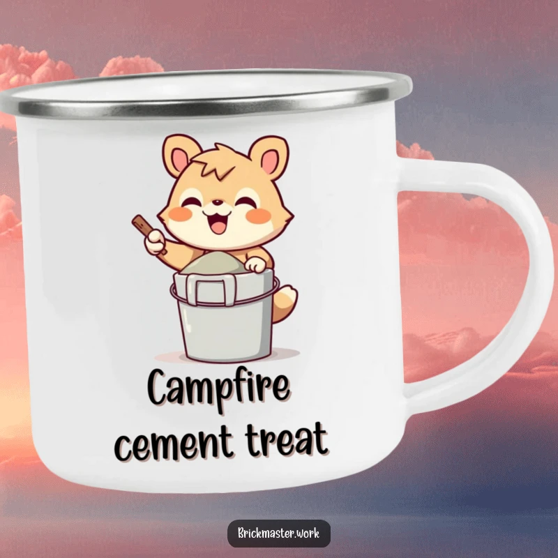 Funny cheerful animal character mixing cement in a bucket on a rugged metal camping mug.
