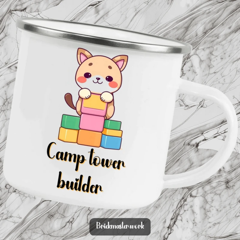 Funny kawaii animal concentrating on stacking colorful blocks on a rugged metal camping mug.
