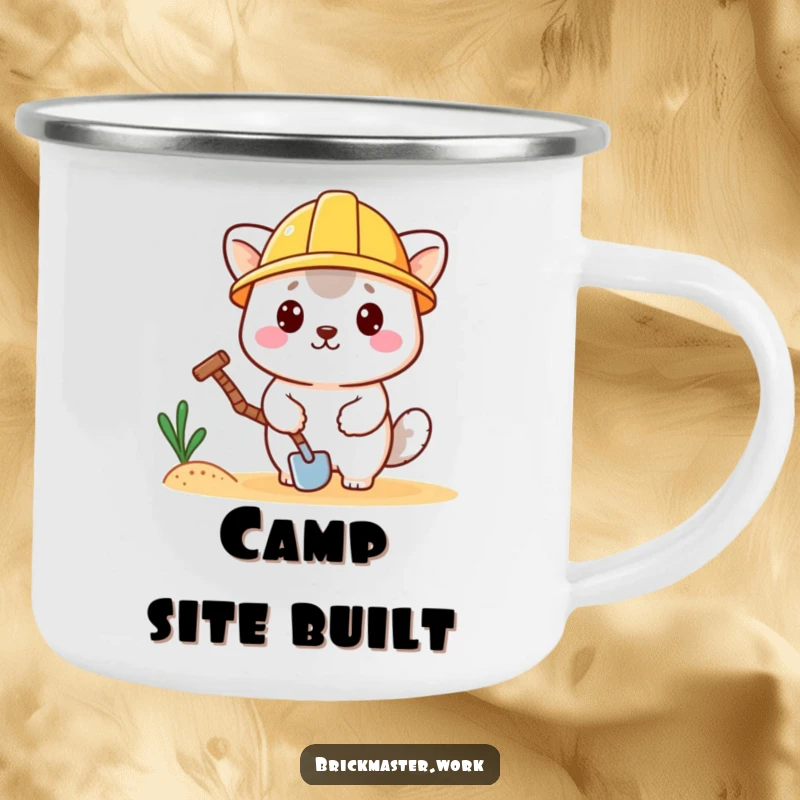 Funny kawaii animal with hard hat and trowel on a metal camping mug, perfect for outdoor use.