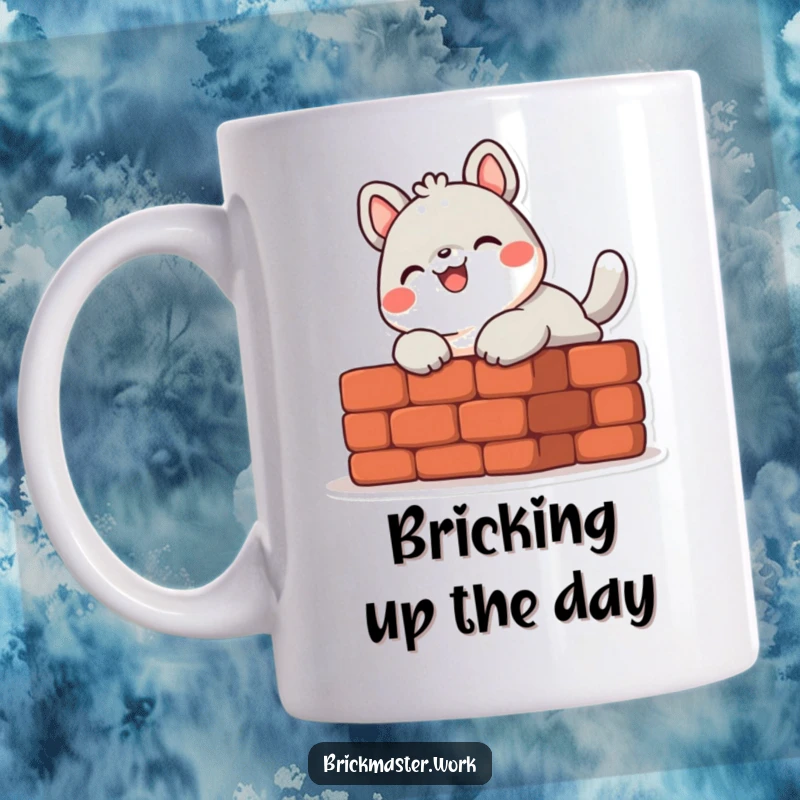 Funny cute animal character happily laying a brick with a trowel on a coffee mug.