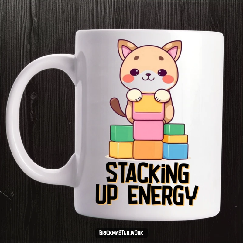 Funny kawaii animal character with intense concentration stacking colorful blocks on a coffee mug.