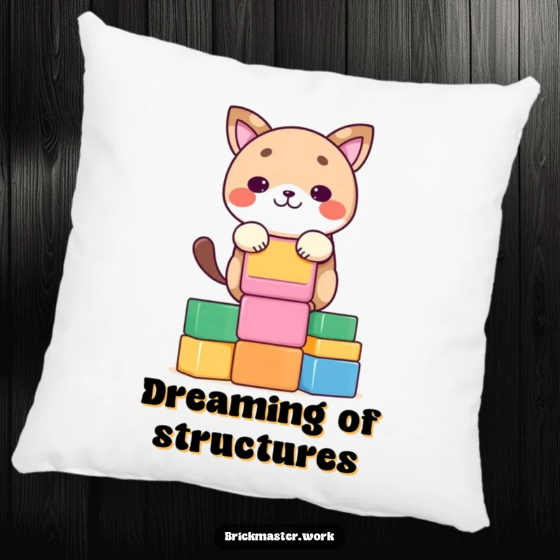 Funny kawaii animal character stacking colorful blocks, designed as a soft pillow.