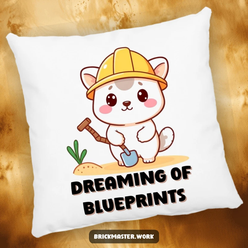 Funny kawaii animal in a hard hat, holding a trowel, designed as a soft, decorative pillow.