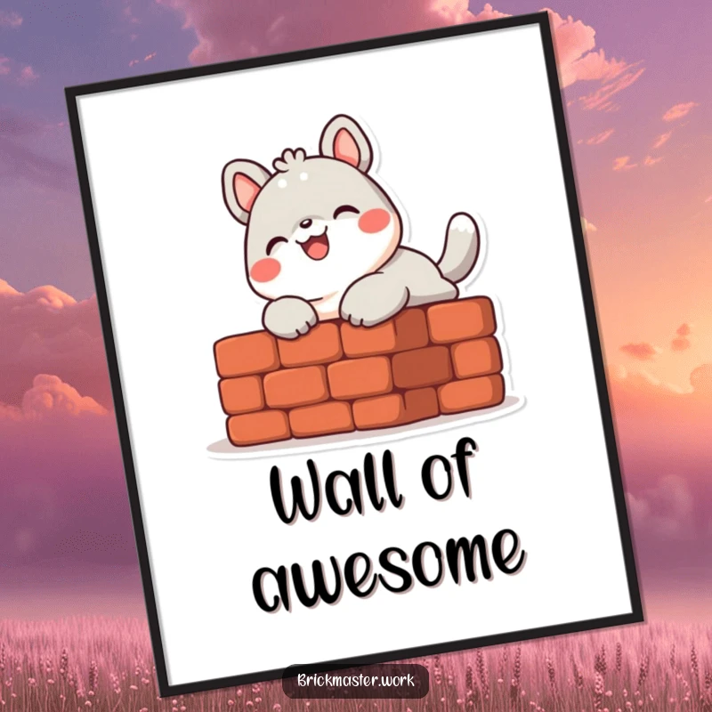 Funny cute animal character laying a brick with a smile, available as a digital art print.