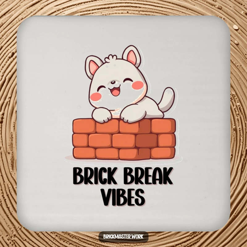 Funny cute animal character laying a brick with a smile, printed on a protective drink coaster.