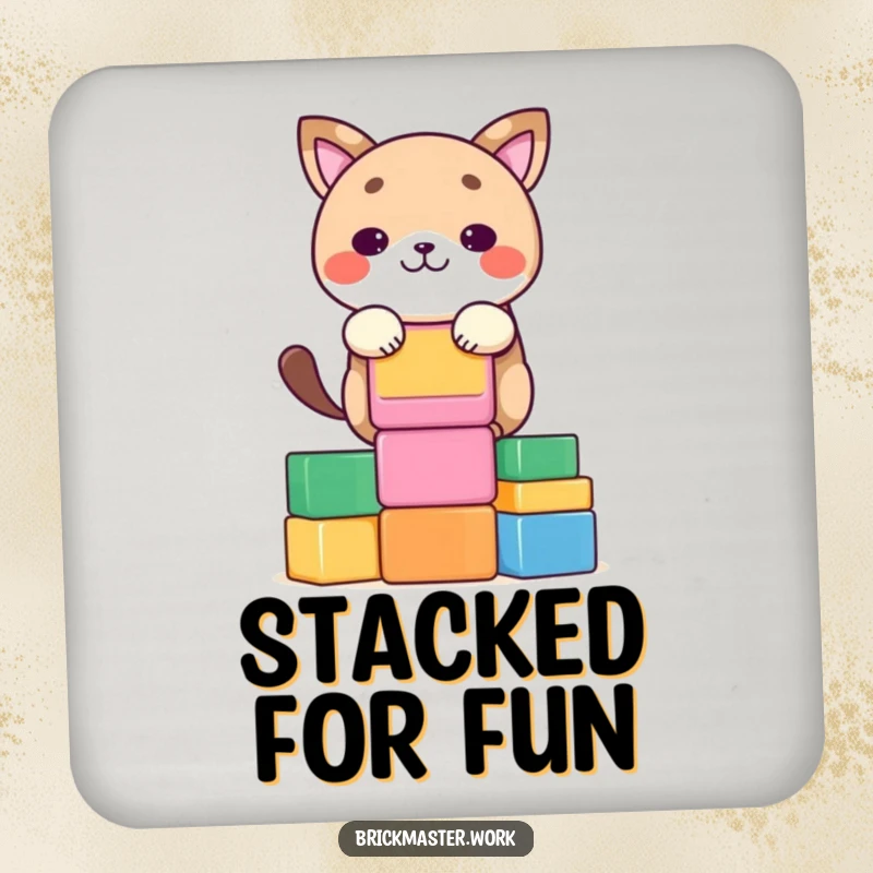 Funny kawaii animal character stacking colorful blocks, printed on a protective drink coaster.