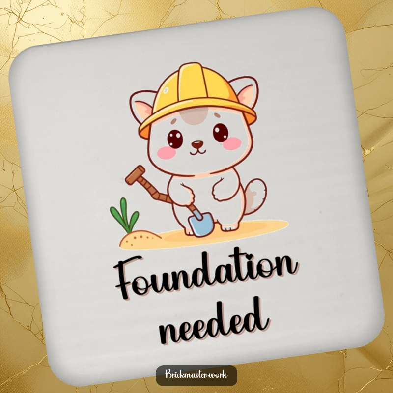 Funny kawaii animal wearing a hard hat and holding a trowel, printed on a protective drink coaster.