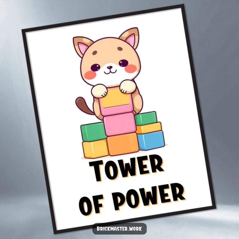 Funny kawaii animal character concentrating on stacking colorful blocks, displayed as wall art.