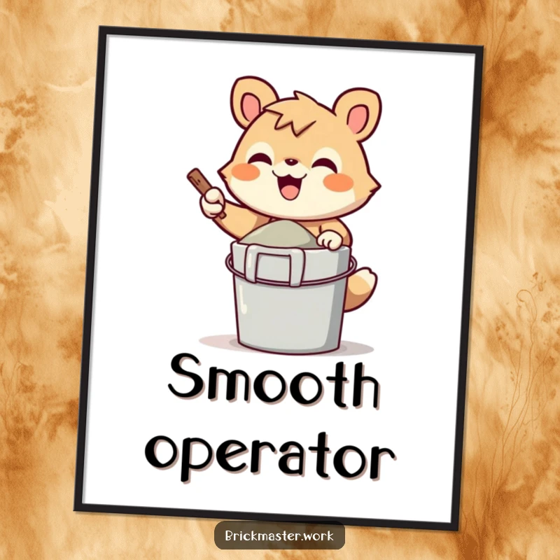 Funny cheerful animal character gleefully mixing cement in a bucket, displayed as wall art.