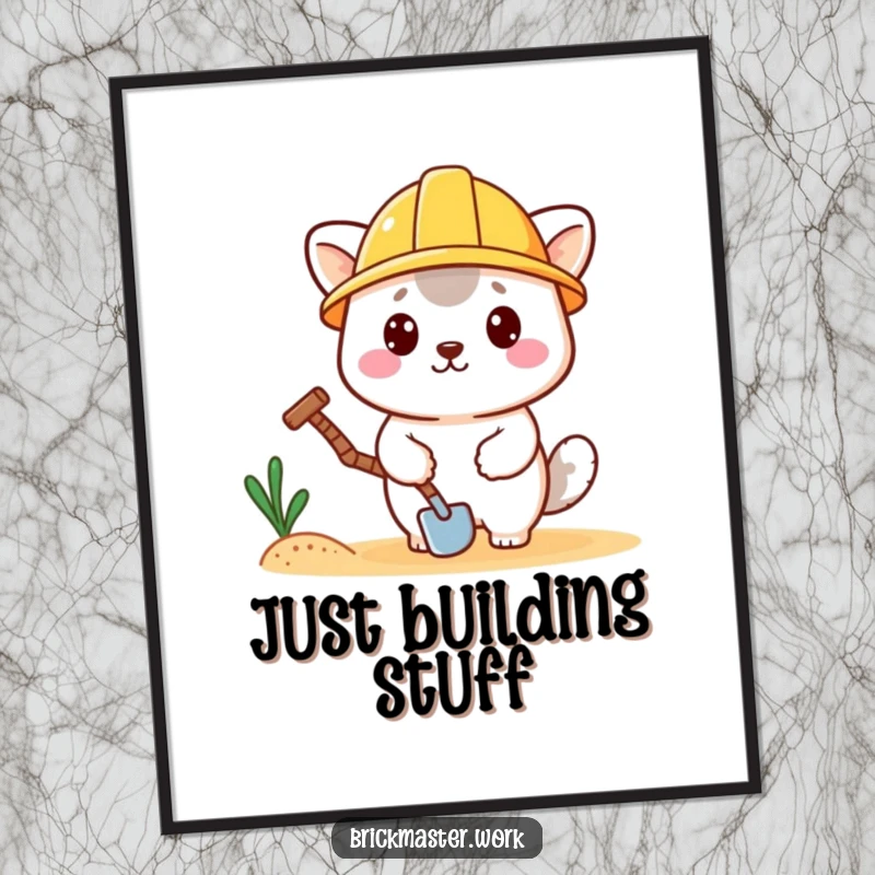 Funny kawaii animal wearing a hard hat and holding a trowel, depicted as cheerful wall art.
