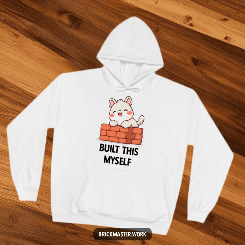 Funny cute animal character laying a brick with a smile on a warm, soft hoodie.