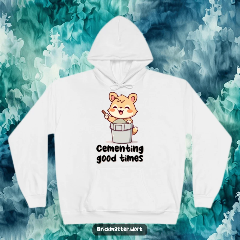 Funny cheerful animal character mixing cement with glee on a warm, soft hoodie.
