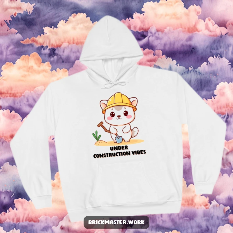 Funny kawaii animal with hard hat and trowel on a warm hoodie, embodying cute construction.