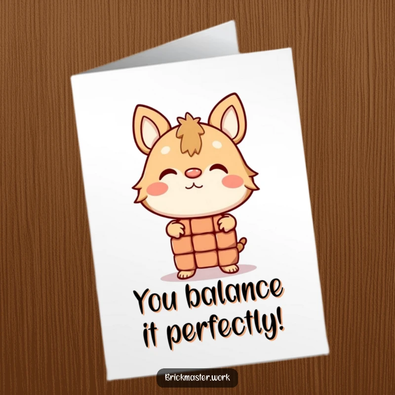 Funny Free Printable Congratulations Card: Animal character balancing a brick on its nose, celebrating a difficult achievement.