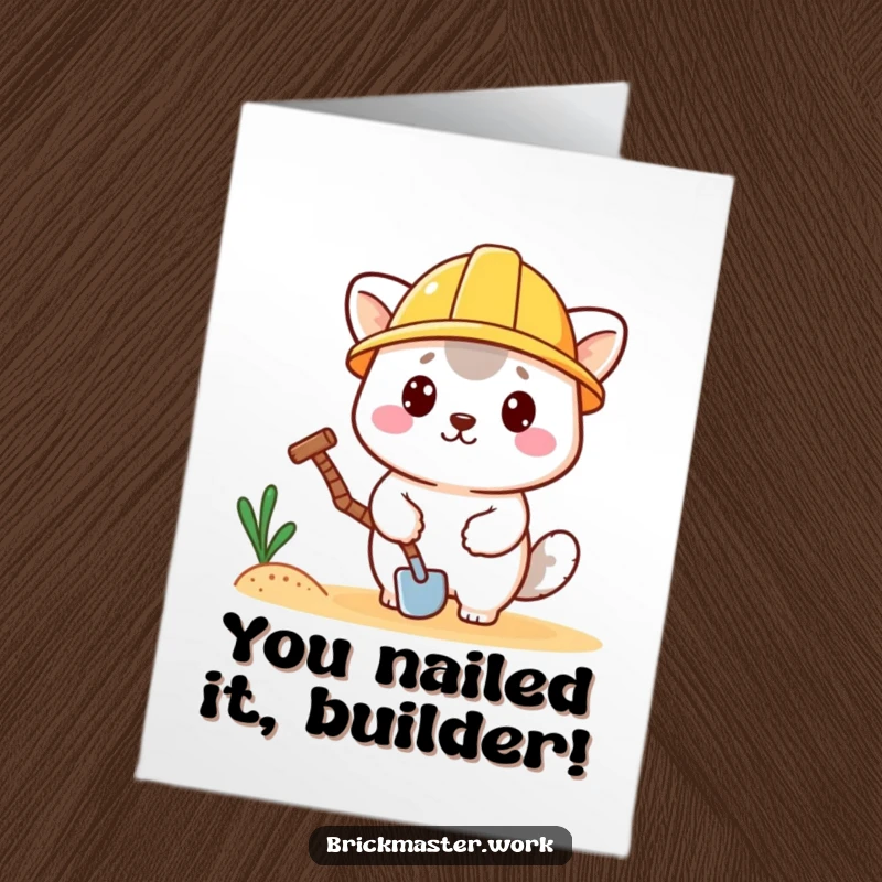 Funny Free Printable Congratulations Card: Kawaii construction animal wearing hard hat, holding trowel, celebrating success.