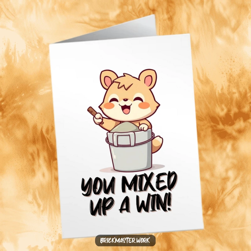 Funny Free Printable Congratulations Card: Cheerful animal character gleefully mixing cement in a bucket, celebrating achievement.