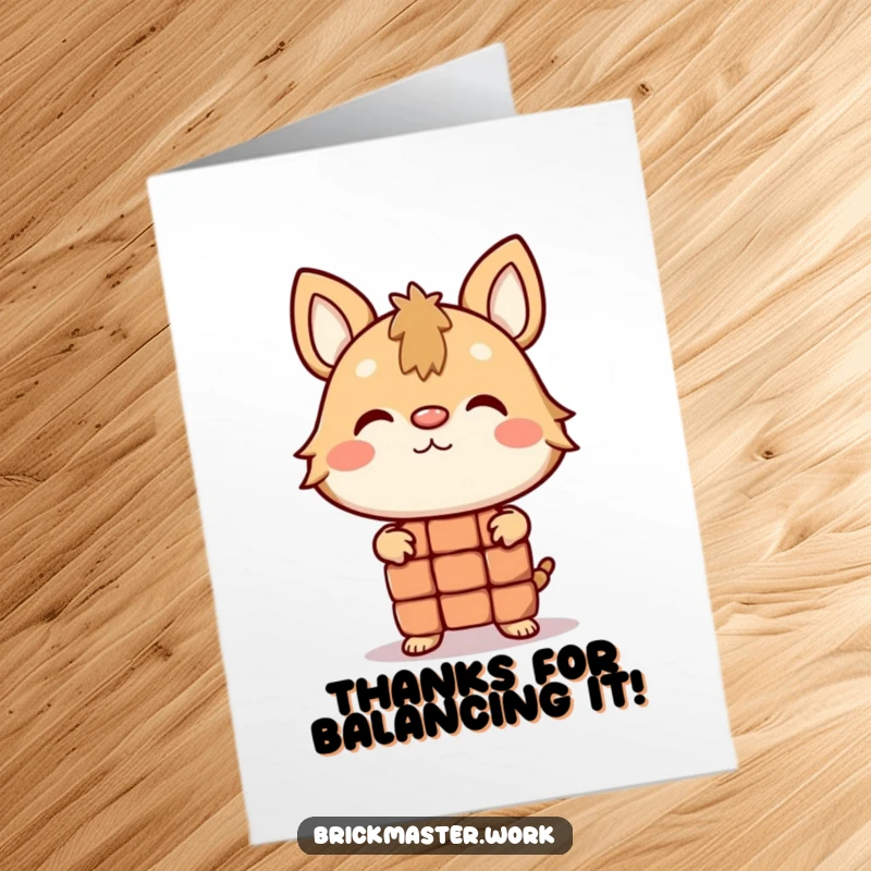 Funny Free Printable Thank You Card: Animal character attempting to balance a brick on its nose, expressing thanks.