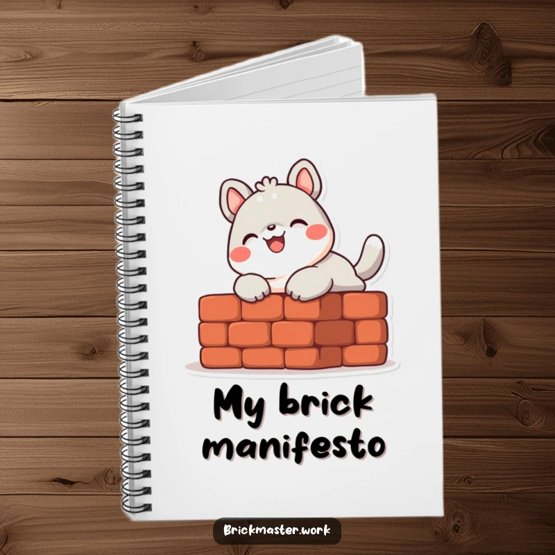 Funny cute animal character laying a brick with a smile on the cover of a notebook.
