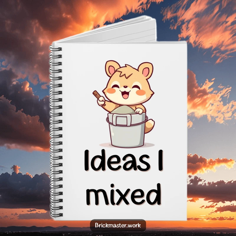 Funny cheerful animal character mixing cement in a bucket on the cover of a notebook.