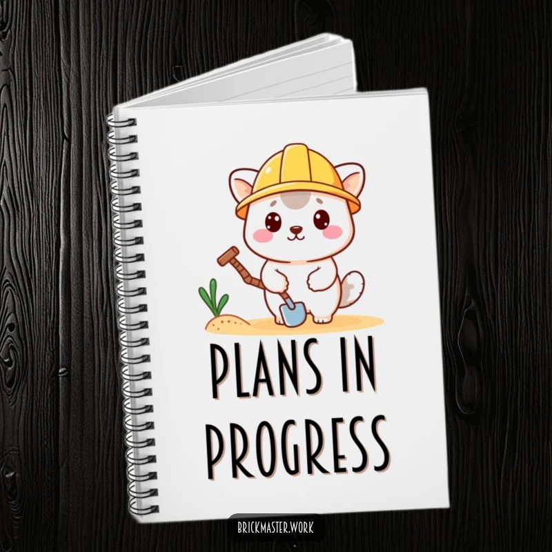 Funny kawaii animal accessorized with a hard hat and trowel on the cover of a notebook.