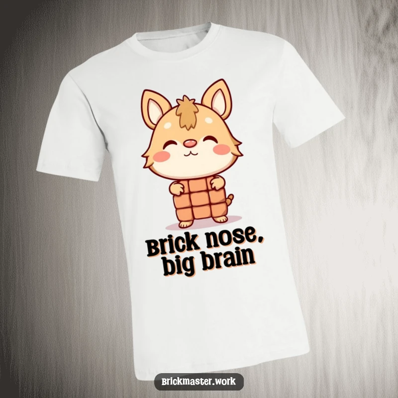 Funny animal character attempting to balance a brick on its nose on a humorous t-shirt.