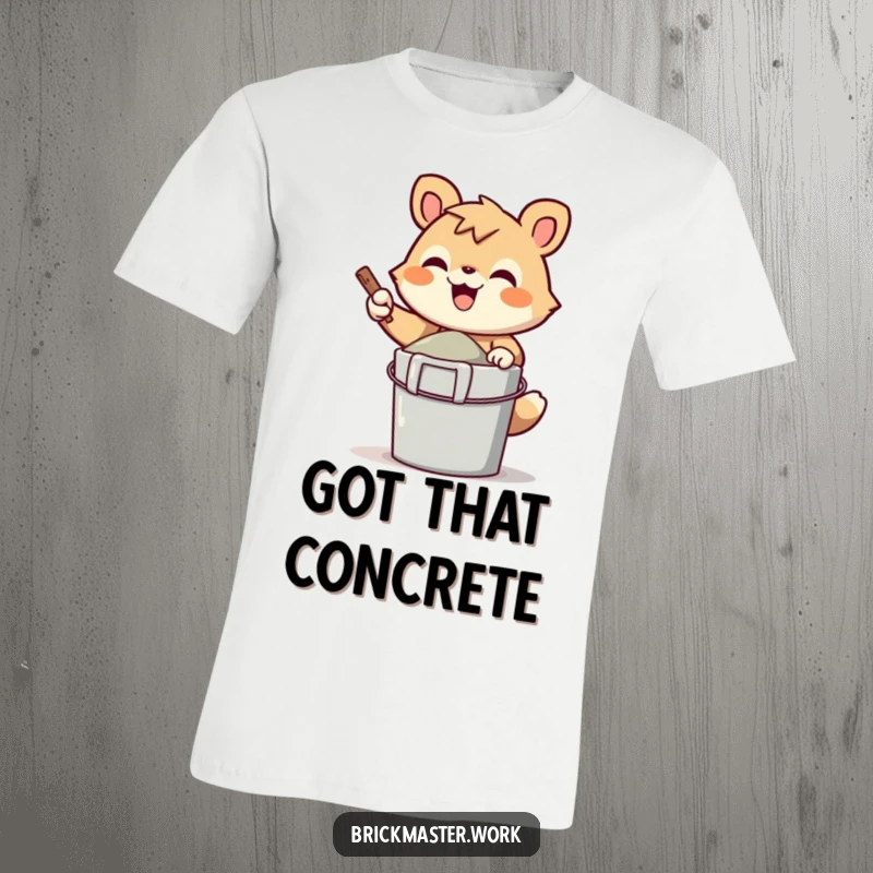 Funny cheerful animal character gleefully mixing cement in a bucket on a fun t-shirt.