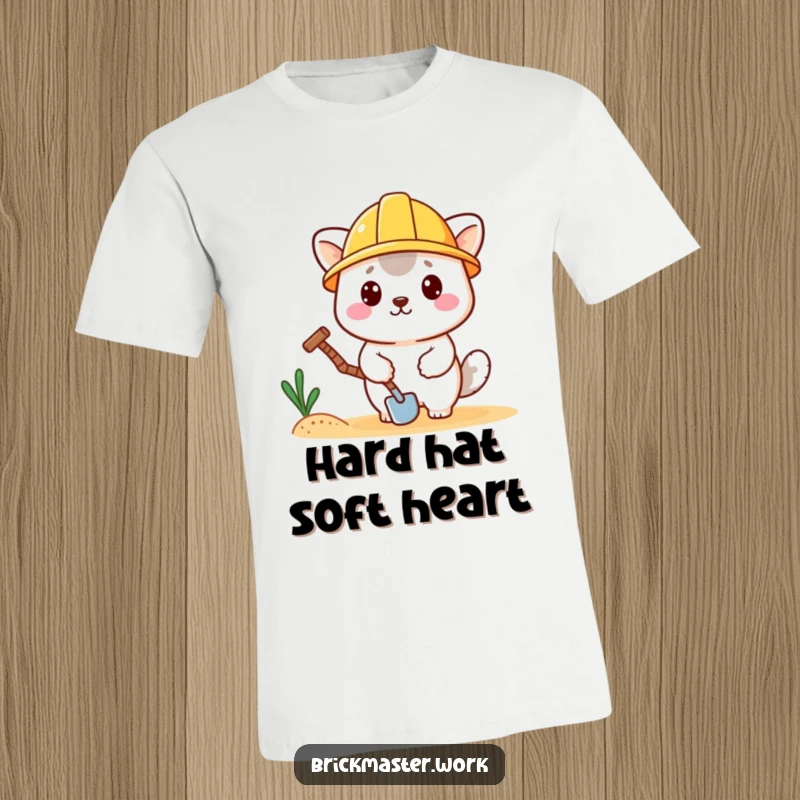 Funny kawaii animal wearing a tiny hard hat, holding a trowel on a t-shirt, ready for building.