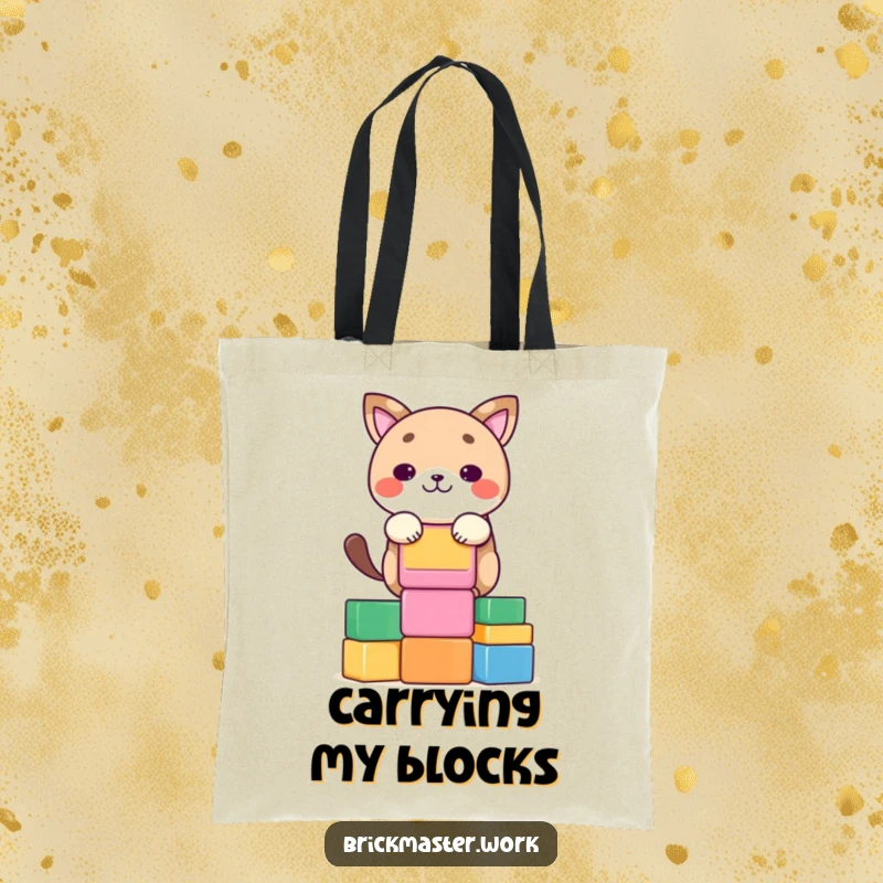 Funny kawaii animal character concentrating on stacking colorful blocks on a durable tote bag.