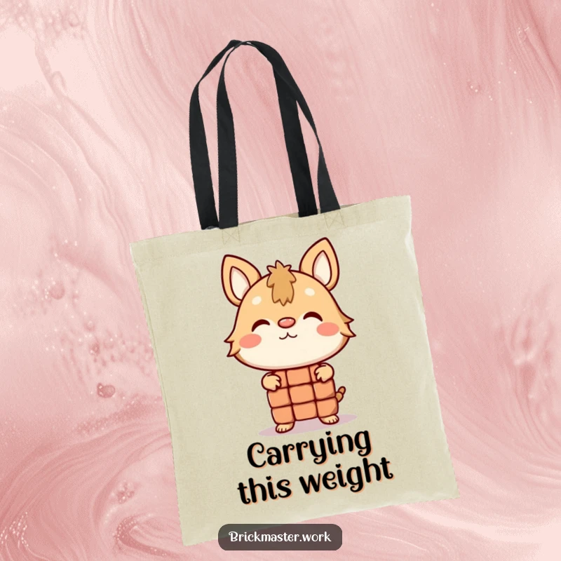 Funny animal character attempting to balance a brick on its nose on a durable tote bag.