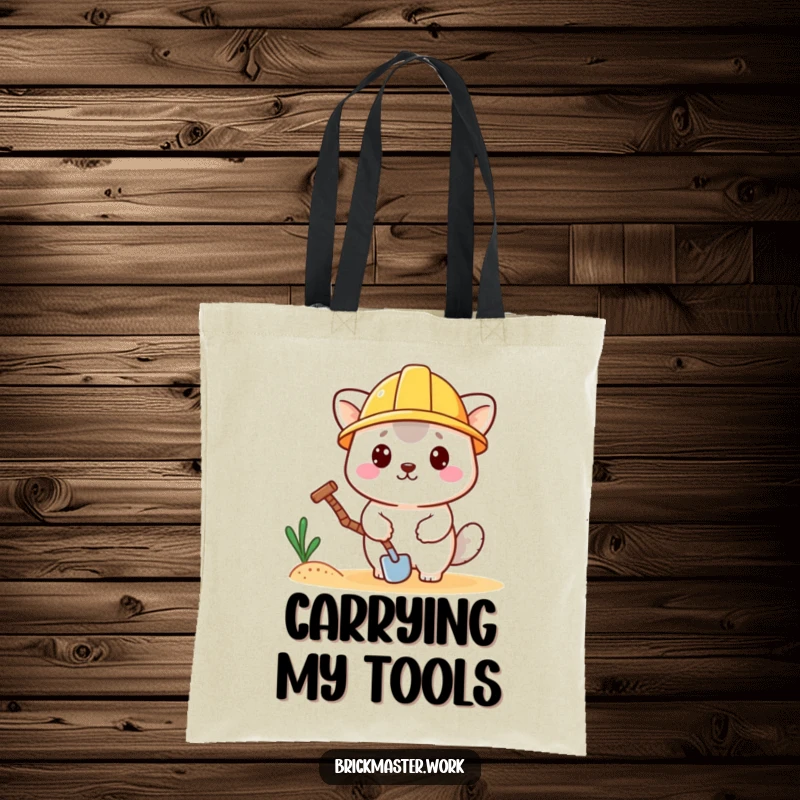Funny kawaii animal construction worker with hard hat and trowel featured on a durable tote bag.